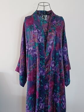 Vintage California Dynasty Floral Satin Maxi Robe Kimano Plus Size 2X